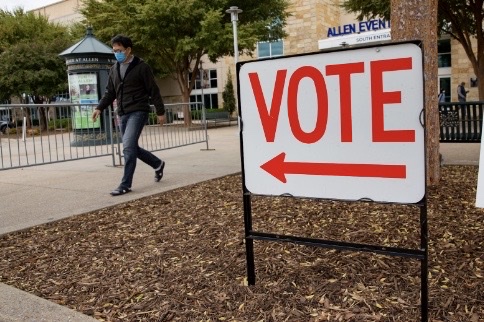 Image of a Vote sign outside of the Allen Events Center in Allen, TX on Jan. 9 2020. (Dallas Morning News/ Jeremy Diaz)
