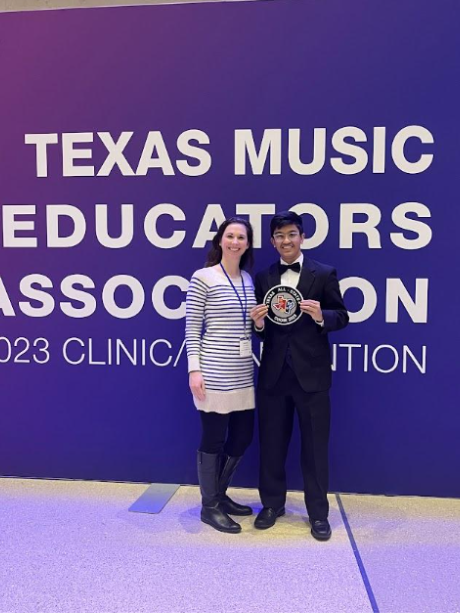Stephanie Keen (left) and Aditya Nimbalagundi (right) take a picture after winning Texas All-State Choir in 2023 at Texas Music Educators Association (TMEA) where the competition was held. 