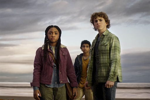From left to right: Annabeth (Leah Sava Jeffries), Grover (Aryan Simhadri), and Percy (Walker Scobell), who play the main trio of the series (Disney). 