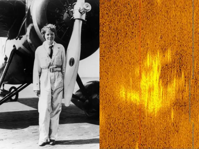 A picture of Amelia Earhart and the sonar image released by Deep Sea Vision side by side. (Deep Sea Vision/Getty Images)