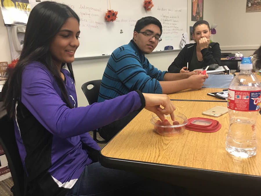 Freshman Maya Shah eats while learning during French.