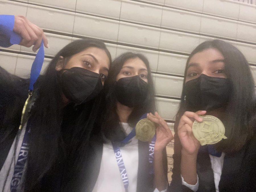 Meghana Anam, Aleena Khurram, and Medha Kommula after winning first place at the District Competition. 