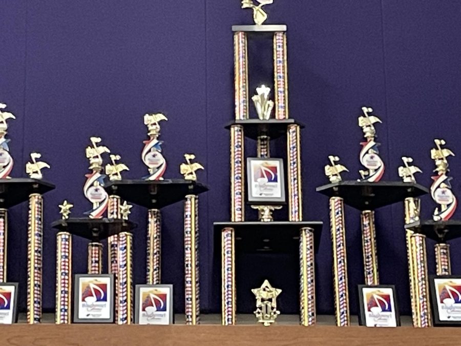 Last year’s Spring Trip competition trophies are photographed in the Orchestra room on September 16, 2022. 
