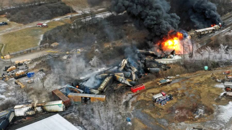 Norfolk Southern Railroad train is captured releasing toxic chemicals on Feb. 4, 2023 in East Palestine, Ohio. (Gene J. Puskar/AP)